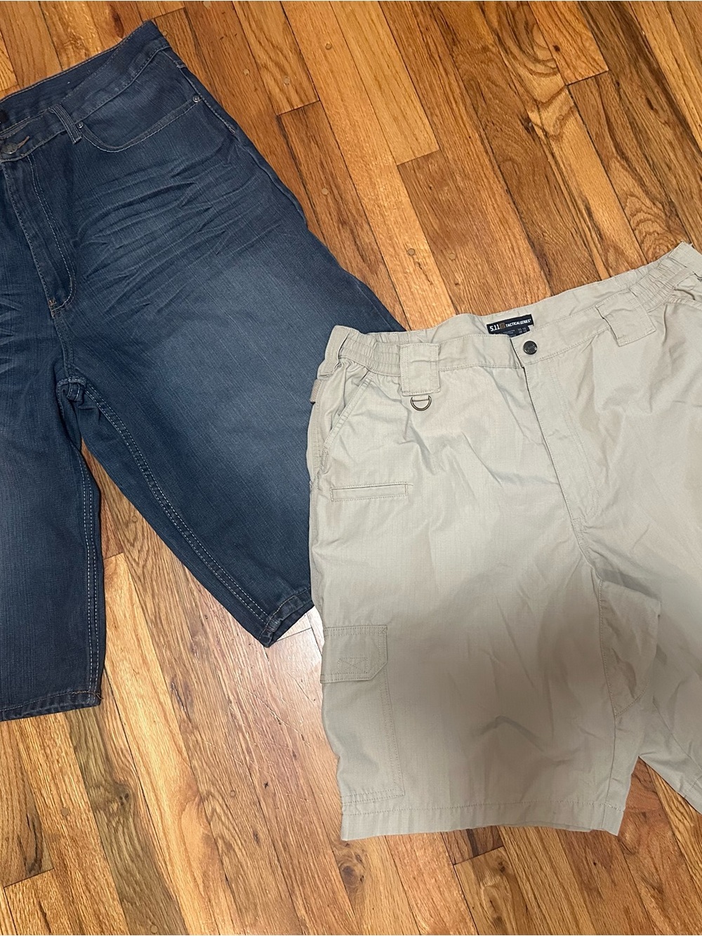 Lot of 2 pair of 5.11 Tactical Men's Khaki Cargo Shorts & Chams Denim shorts